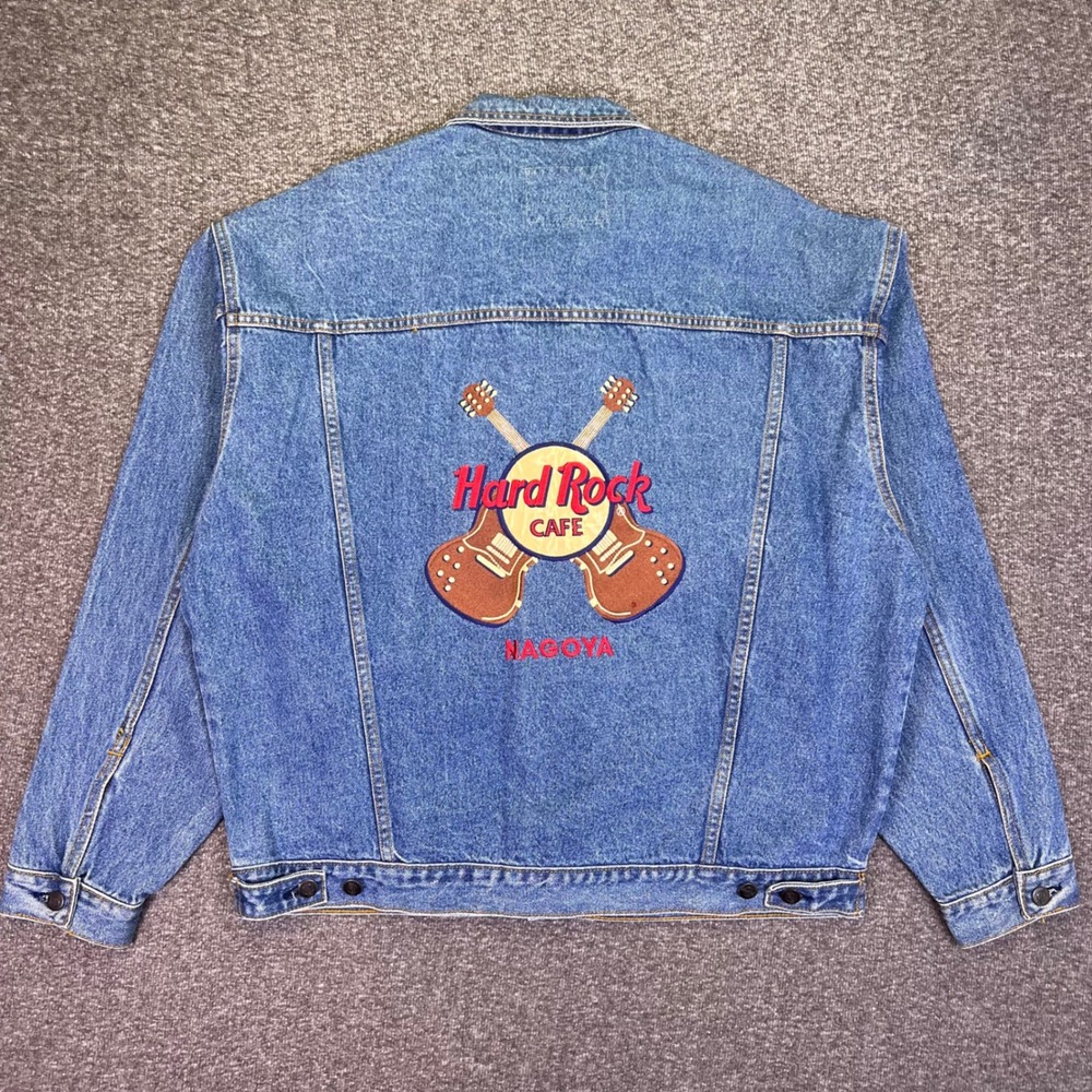 Hard Rock Cafe Denim Jacket Mens XL Nagoya Japan Embroidered Trucker Vintage 90s